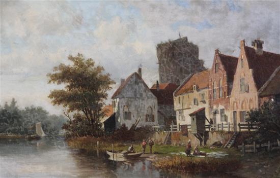 Adrianus Eversen (Dutch, 1818-1897) Riverside houses with a tower beyond 12 x 18.5in.